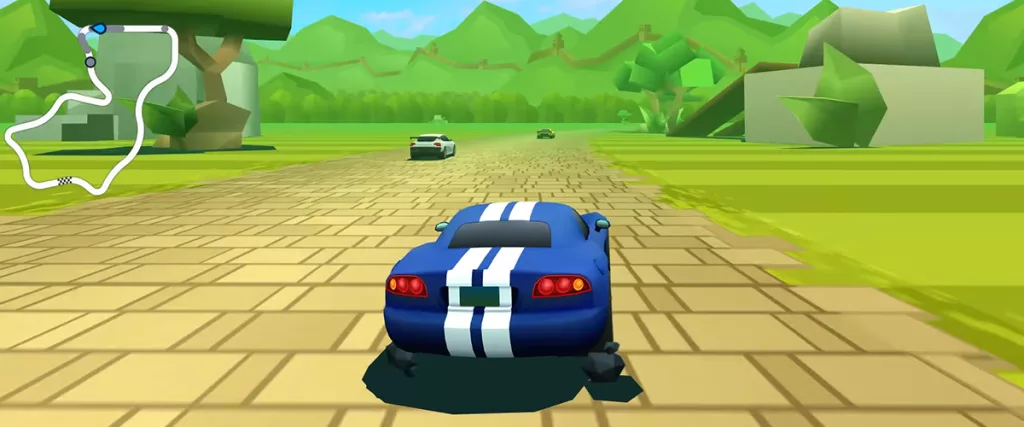 Tela do jogo Horizon Chase Turbo mostrando carro azul durante corrida